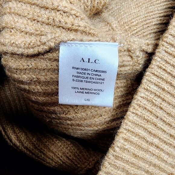 A.L.C May Ribbed Knit Slouchy V-Neck Merino Wool Cardigan Sweater in Camel - Picture 11 of 14